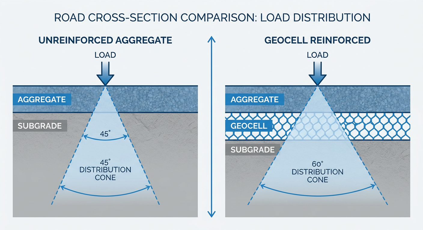 Diagram comparing stress distribution in unreinforced aggregate versus geocell-reinforced road structures.