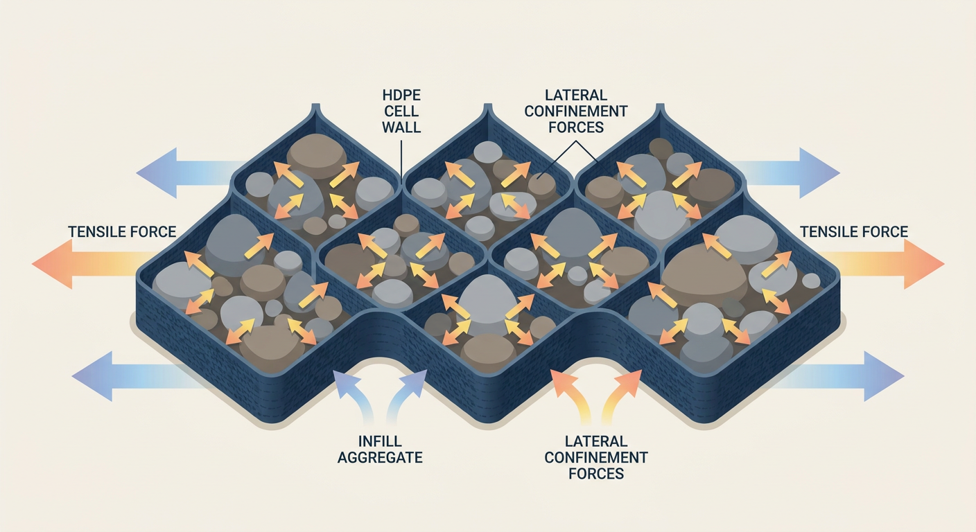 Cross-section illustration of the three mechanisms of geocell reinforcement.