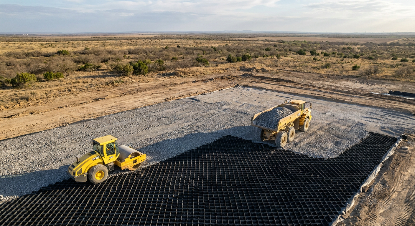 Heavy construction equipment driving on a partially completed geocell access road.