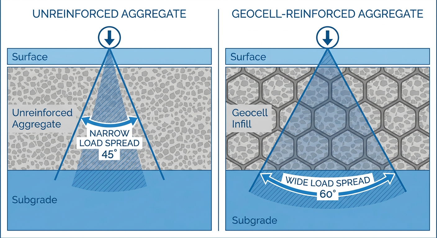 Stress distribution diagram comparing aggregate and geocell reinforcement.