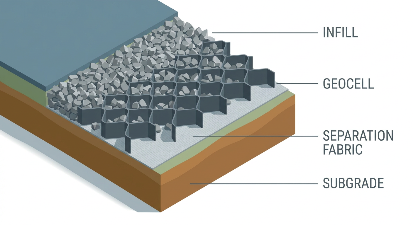 Isometric cutaway of a geocell road assembly.