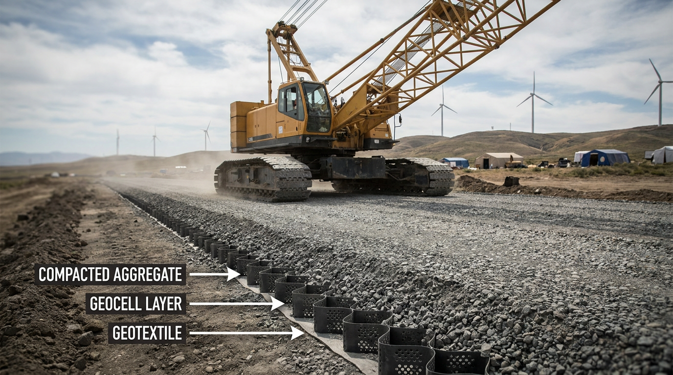Heavy industrial machinery driving on a geocell access road.