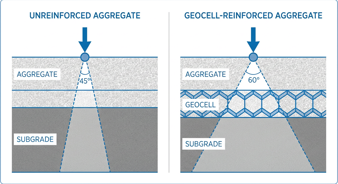 Infographic comparing stress distribution angles of unreinforced aggregate versus geocell-reinforced systems.