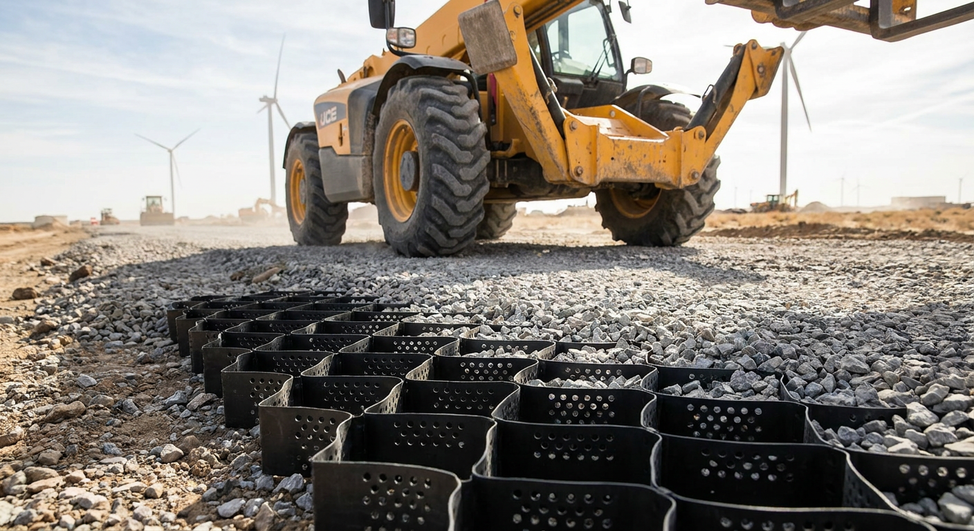 A heavy construction vehicle driving over a partially filled geocell access road.