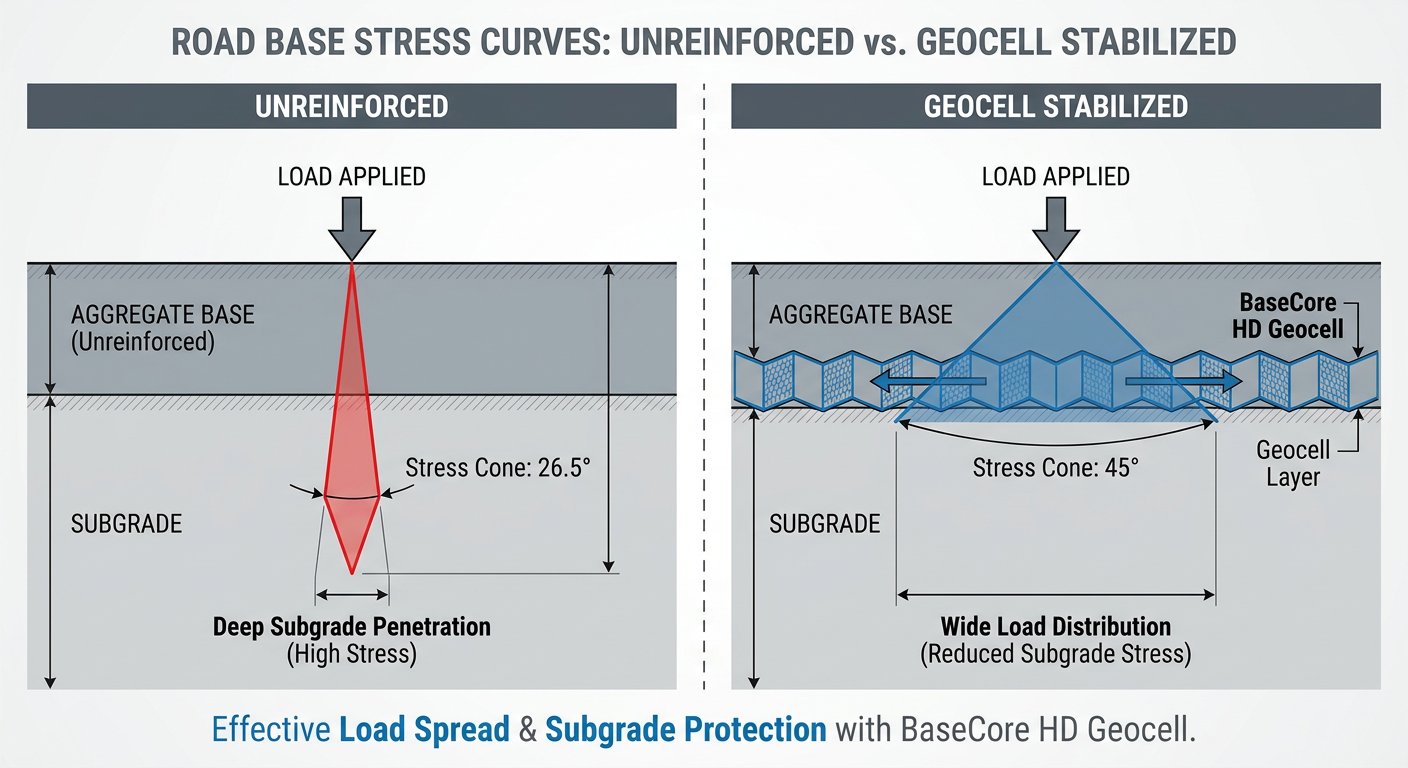 Stress distribution comparison between unreinforced aggregate and geocell reinforced subgrade.