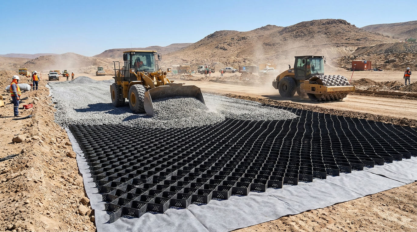 Heavy-duty geocells being filled with aggregate for a mining haul road.