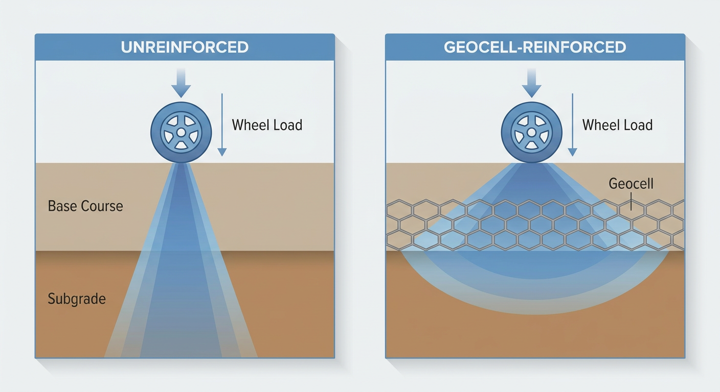 Cross-section diagram comparing load distribution angles in unreinforced aggregate versus geocell-reinforced base.