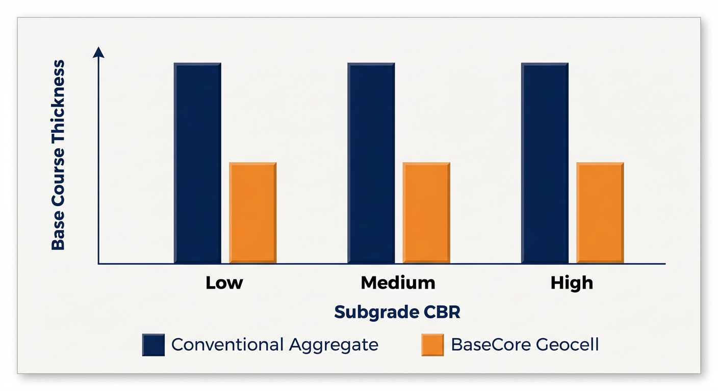 Technical chart showing the relationship between subgrade CBR and required base thickness.