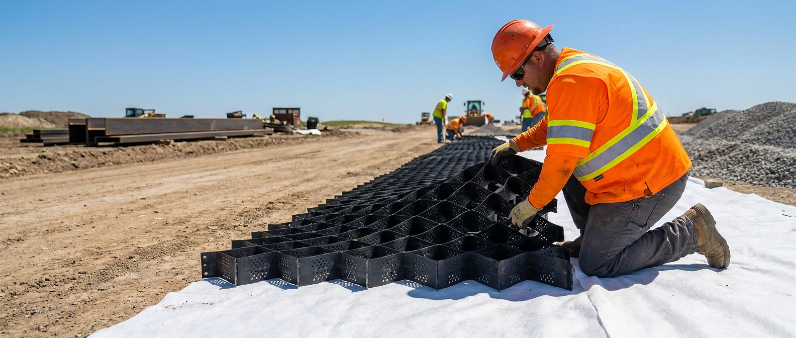 Construction crew installing geocell panels on a prepared subgrade