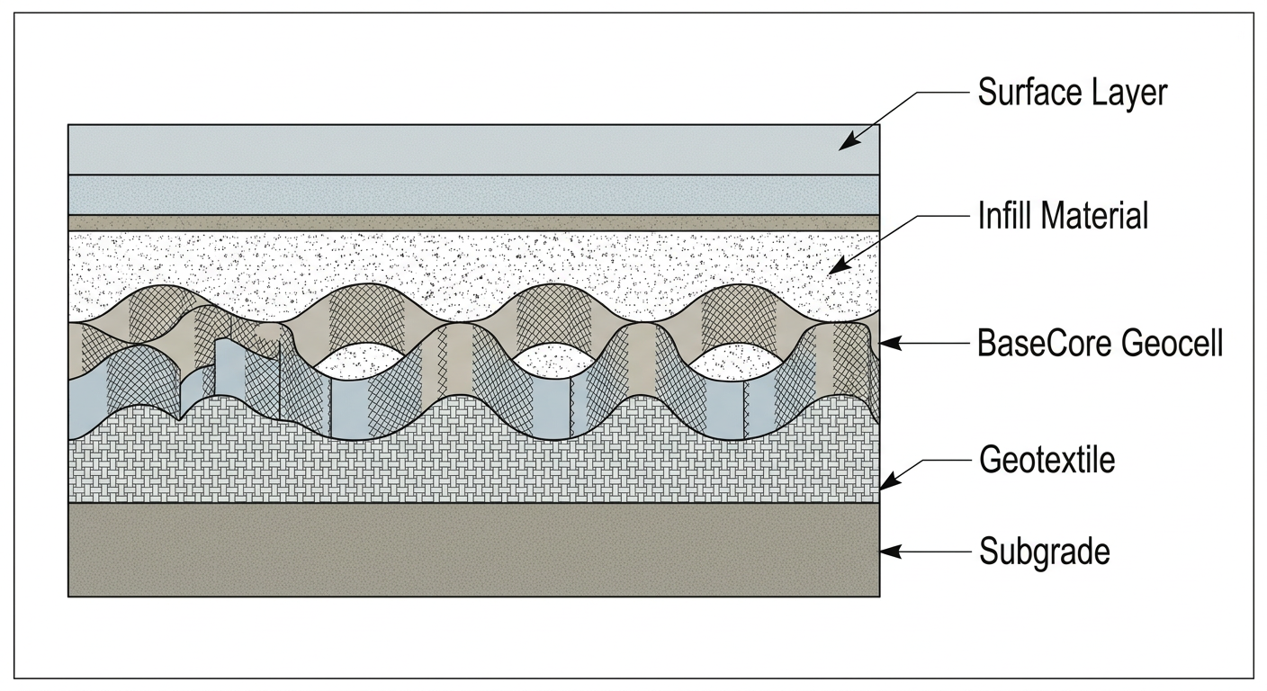 Cross-section diagram of geocell installation layers
