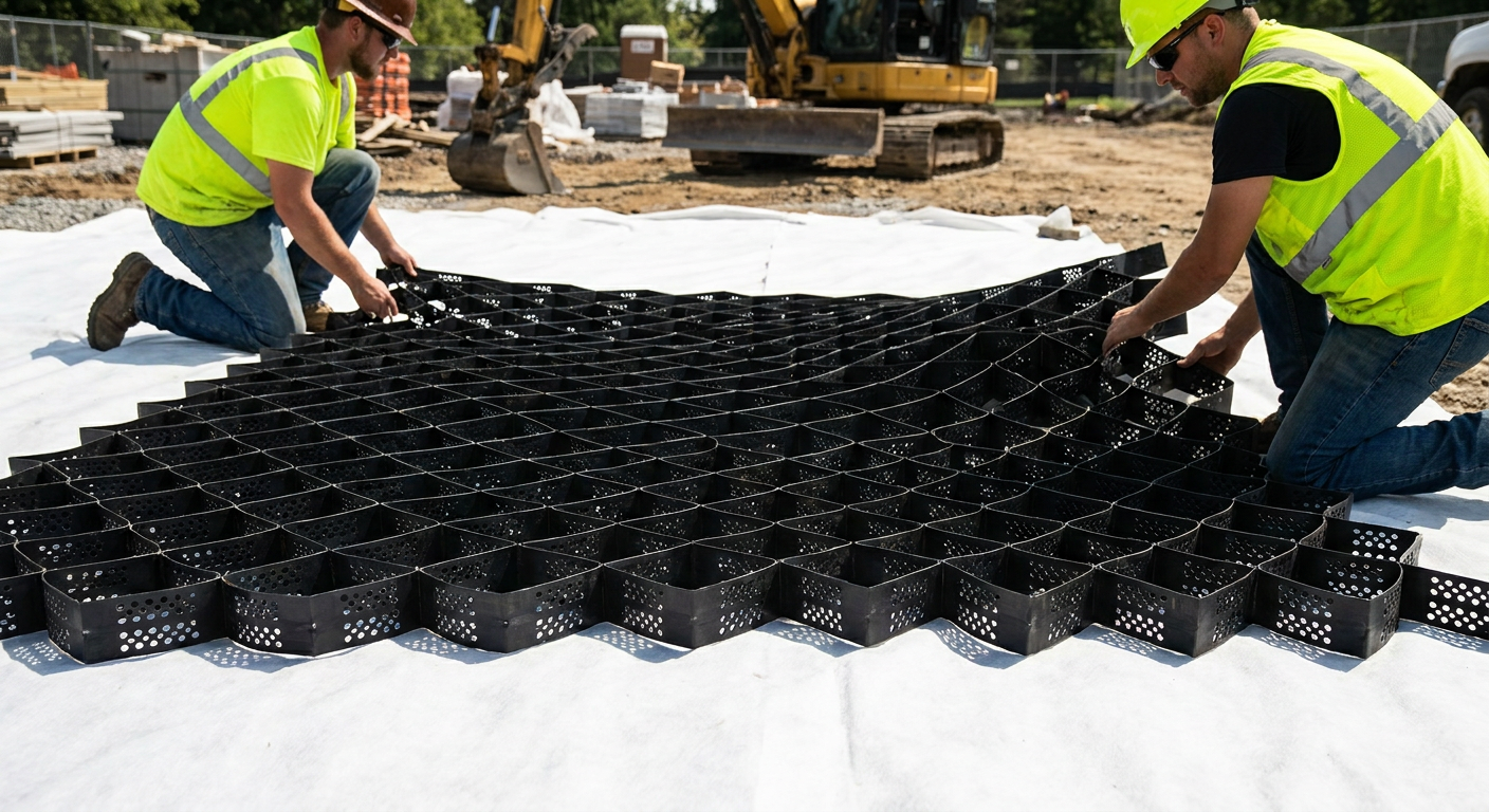 Workers deploying and tensioning BaseCore geocell panels on a job site