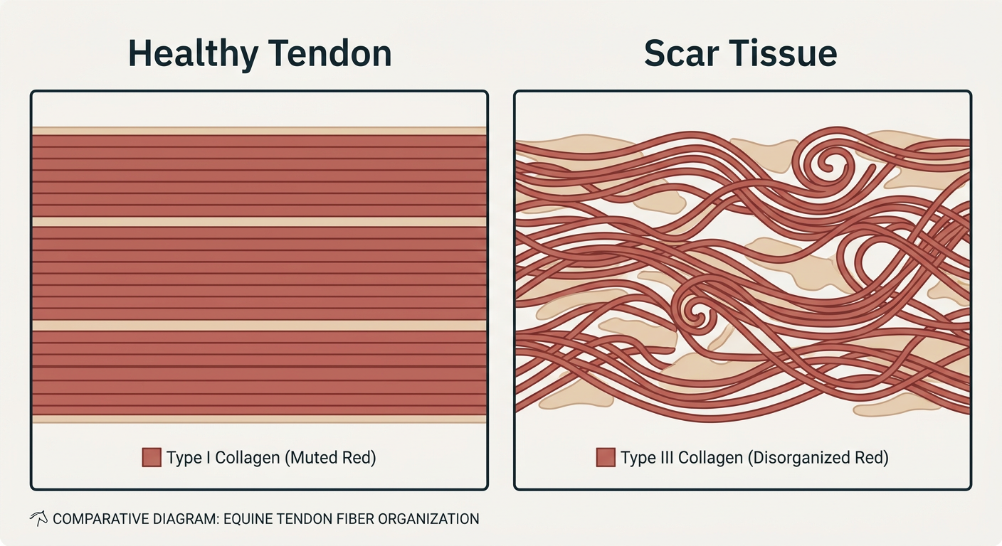 Diagram comparing healthy tendon fiber alignment versus disorganized scar tissue.
