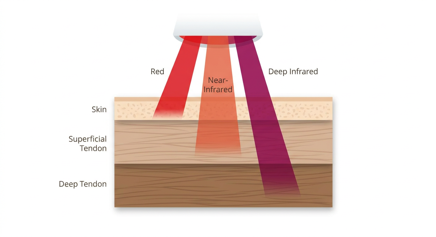 Cross-section of an equine leg showing different wavelengths of light penetrating tissue layers.