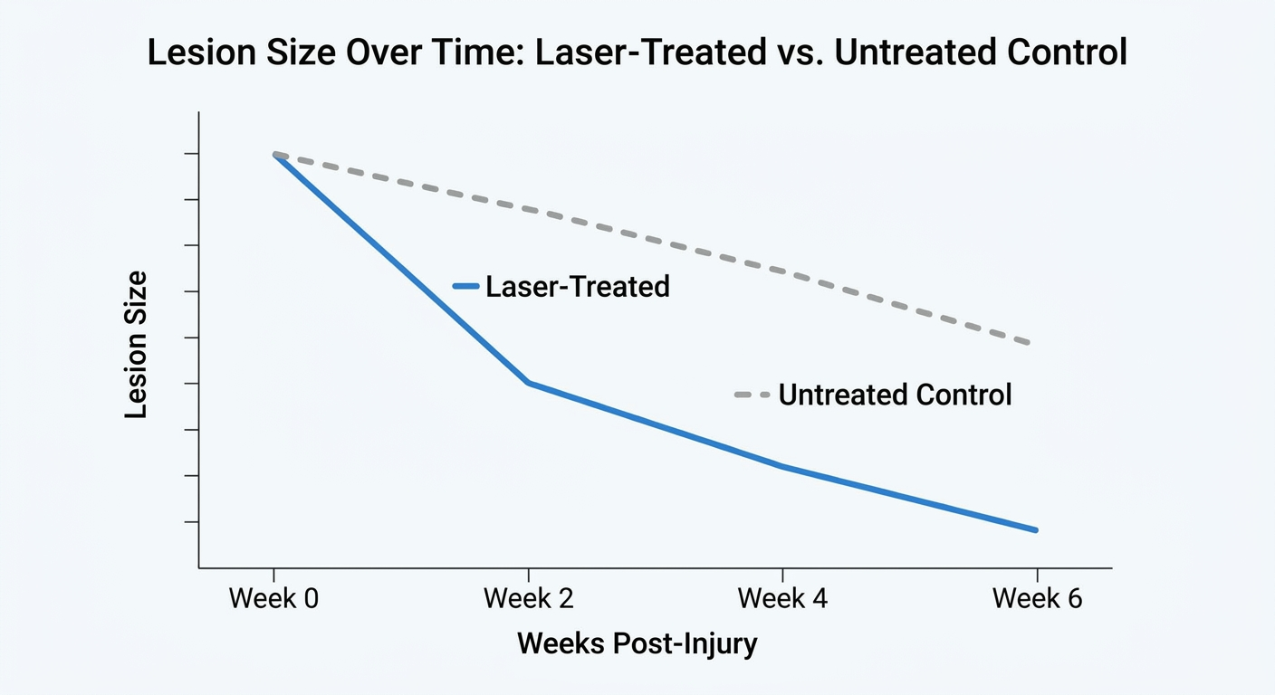 Comparison chart showing lesion size reduction over time for laser-treated vs untreated horses.