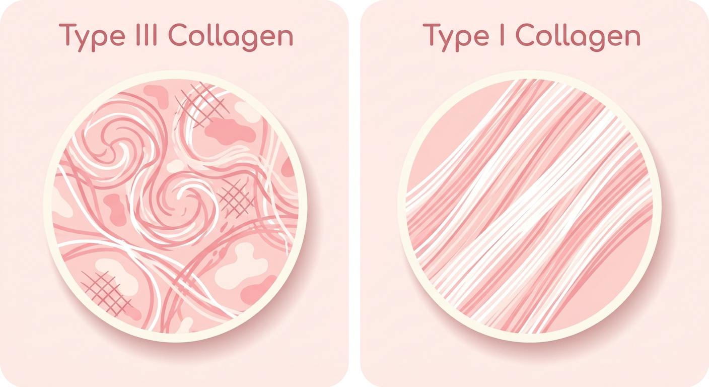 Diagram comparing disorganized scar tissue fibers to organized Type I collagen fibers in a tendon.