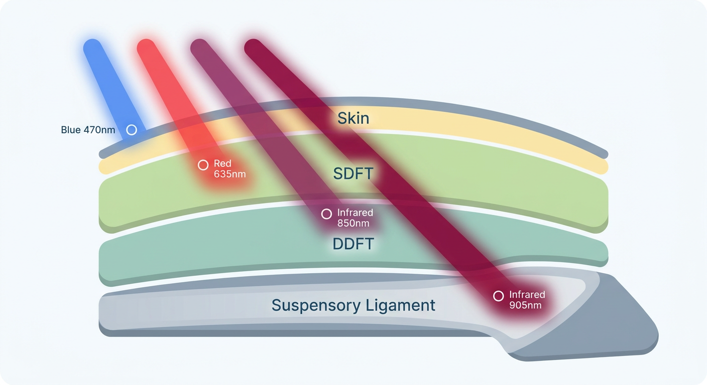 Cross-section diagram of horse leg anatomy showing different laser wavelengths reaching specific tissue depths.