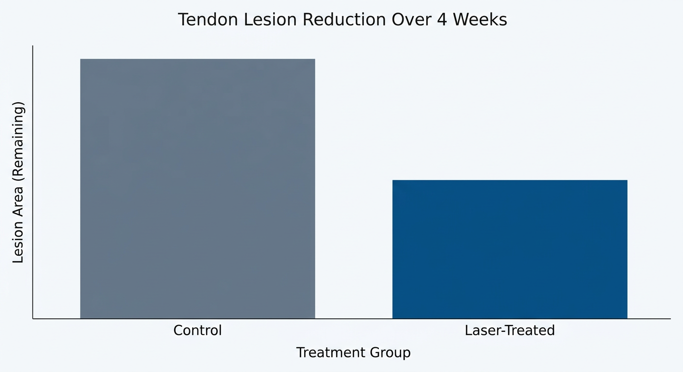 Bar chart comparing tendon lesion size reduction in laser-treated versus control horses.