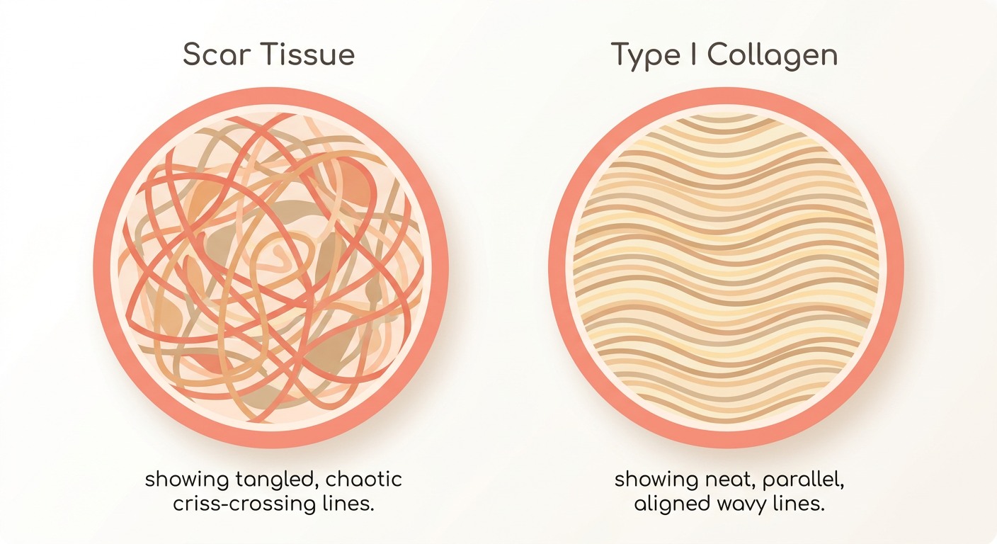 Diagram comparing disorganized scar tissue fibers to organized Type I collagen fibers.