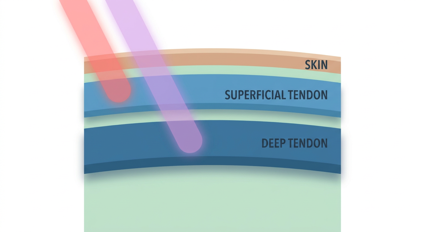 Cross-section diagram of a horse's lower leg showing laser penetration through tissue layers.