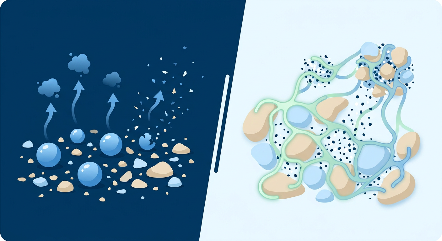 Comparison illustration of water-based dust control versus plant-based molecular binding.