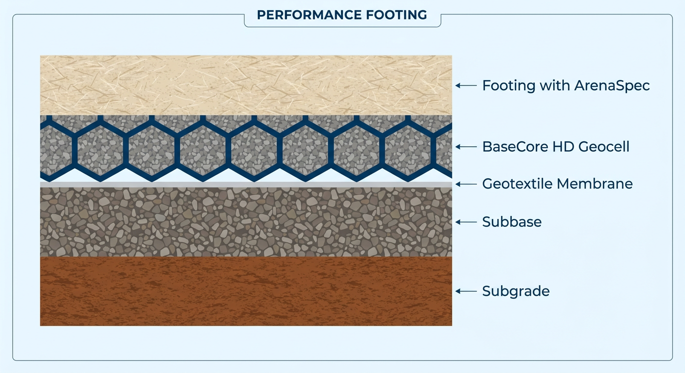 Cross-section diagram of the sustainable arena stack layers.