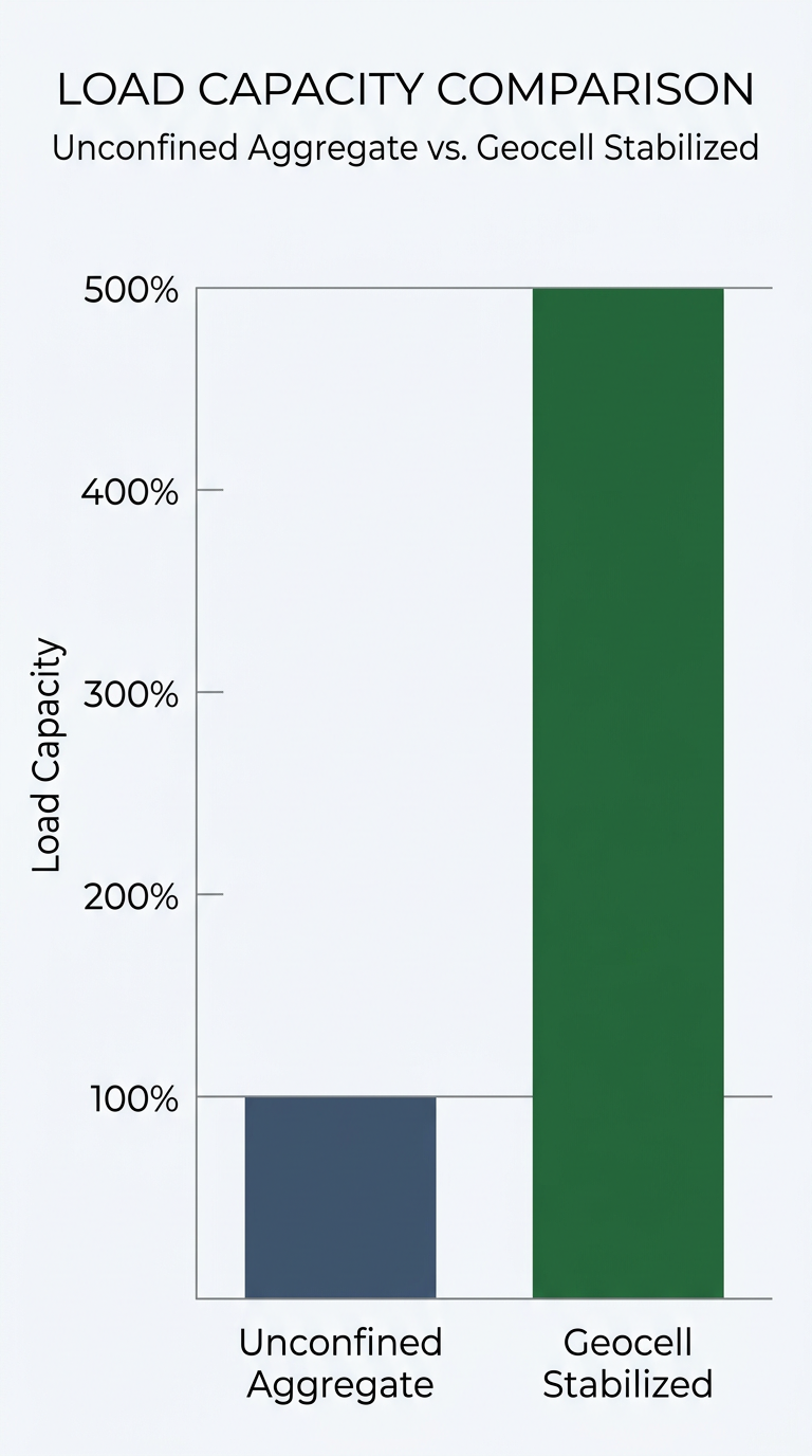 A bar chart comparing the load-bearing capacity of unconfined aggregate versus geocell-stabilized aggregate.