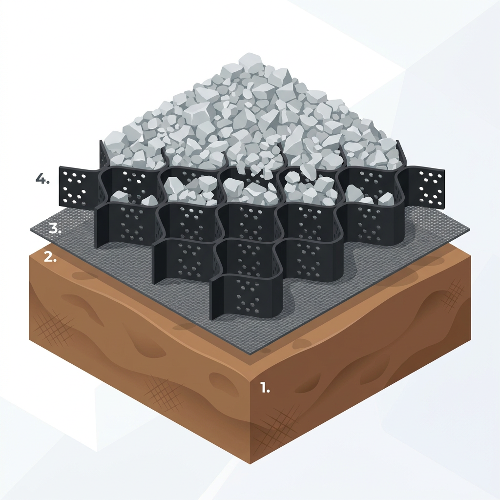 A cross-section diagram showing the layers of a ground stabilization system.