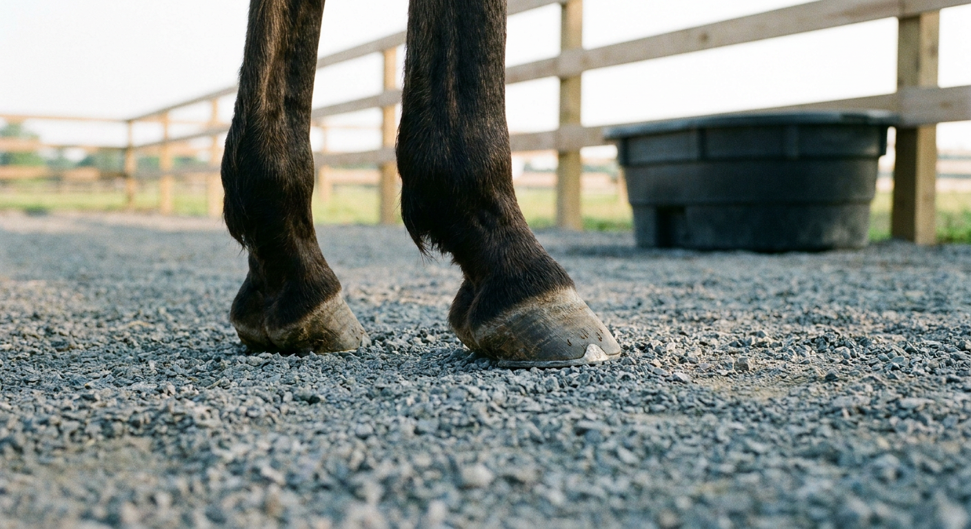 A horse standing comfortably on a stable, dry geocell-reinforced paddock area next to a water trough.