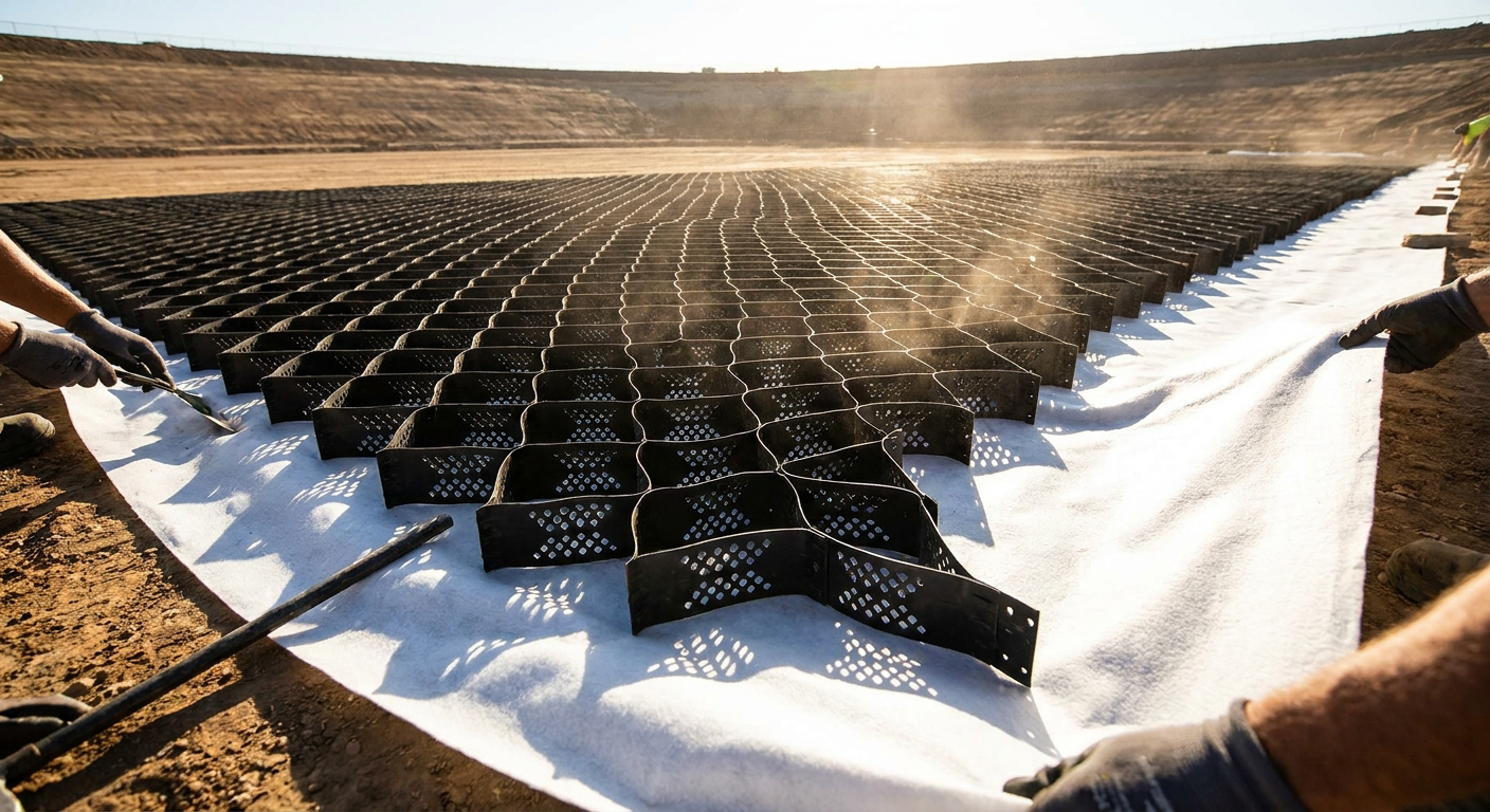 Installation of black BaseCore geocell panels on geotextile fabric