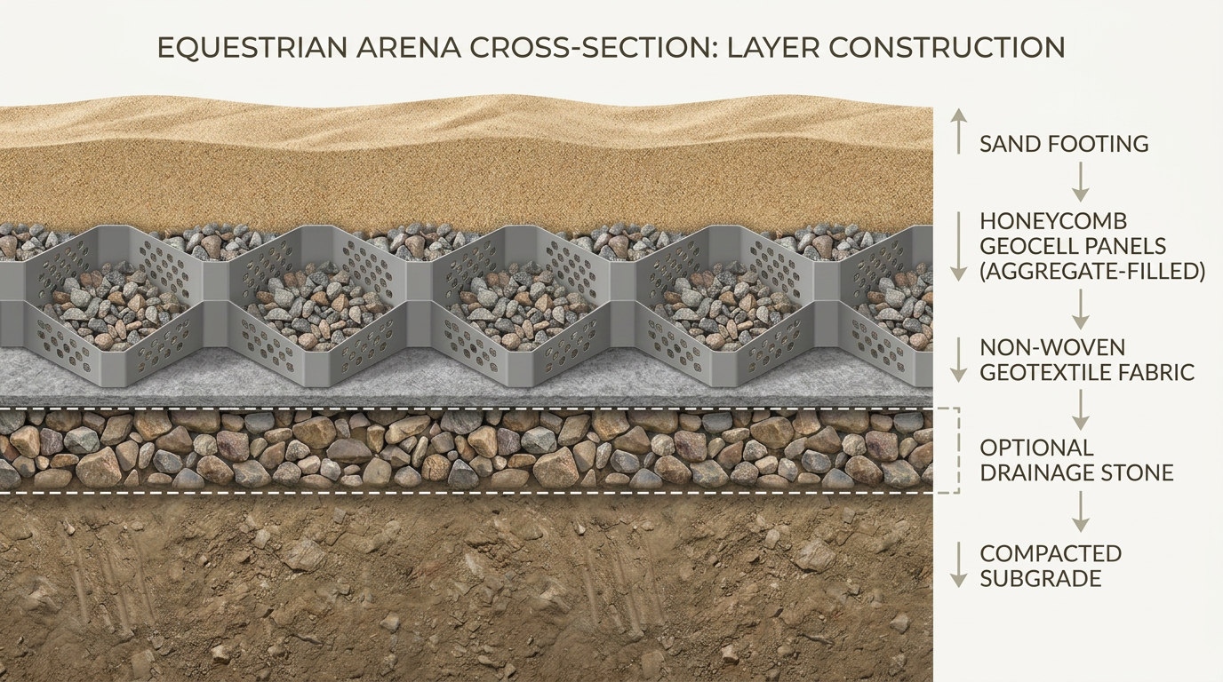 Cross-section diagram of an equestrian arena footing stack