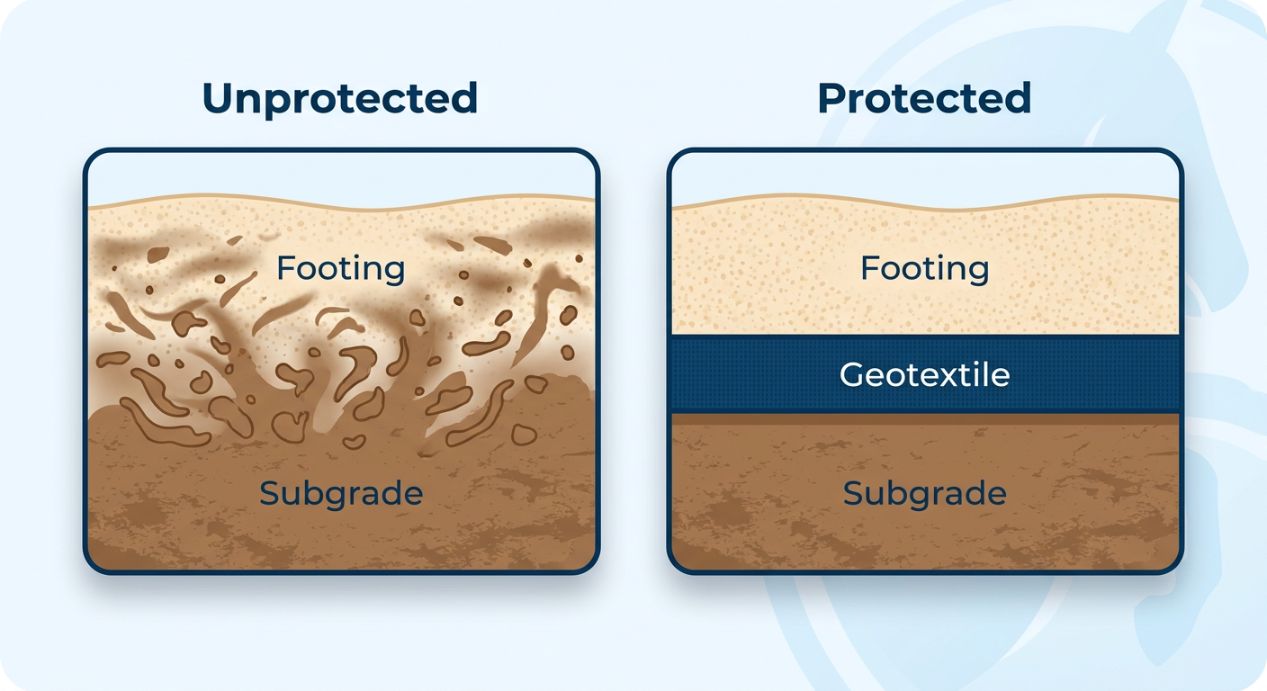 Cross-section illustration showing soil migration versus geotextile protection.