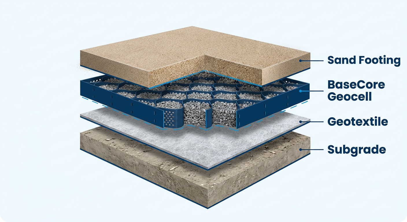 Diagram of the Performance Footing arena construction stack layers.