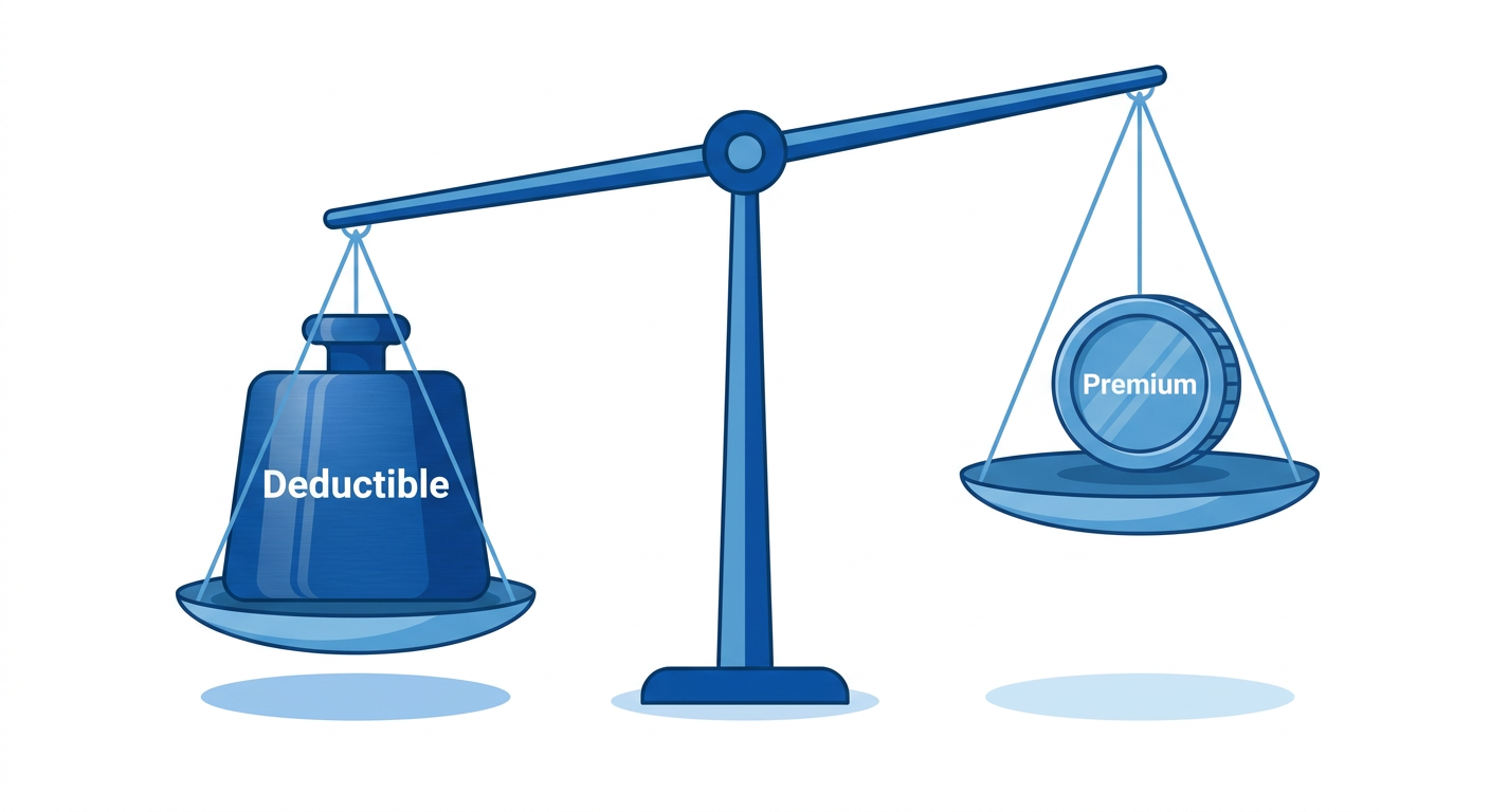 Flat vector illustration showing a balance scale between deductible and premium costs.