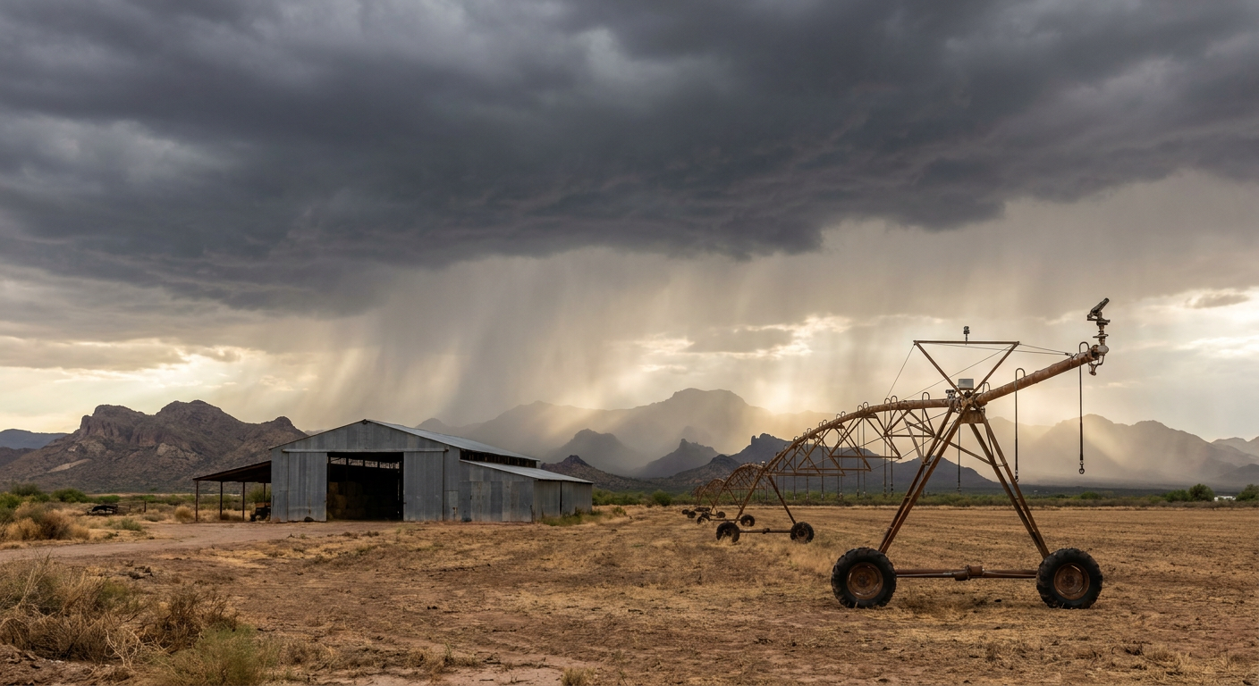A wide-angle shot of a barn and irrigation equipment in rural Arizona during a monsoon storm.