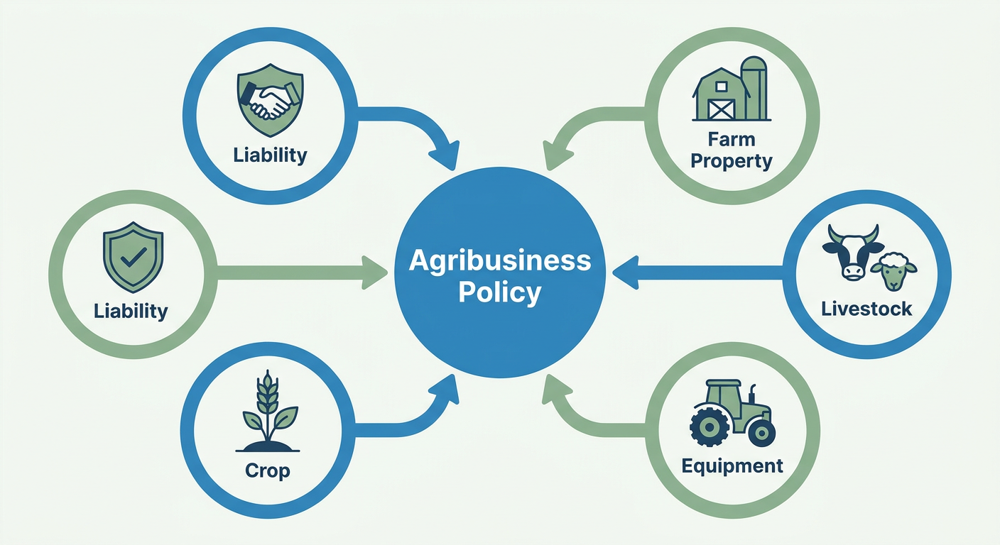 A diagram showing how multiple insurance coverages combine to form a comprehensive Agribusiness policy.