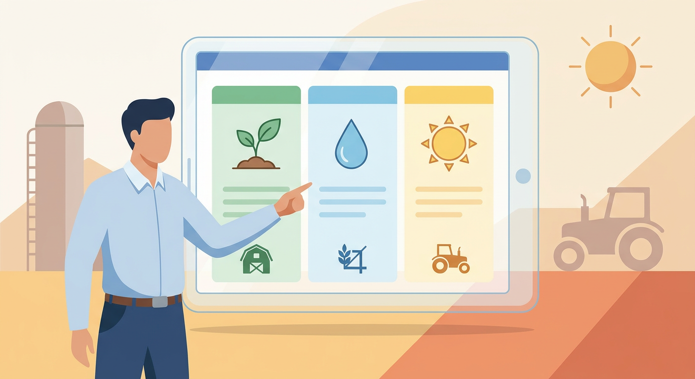 An illustration of an independent agent reviewing various policy options for a farmer.