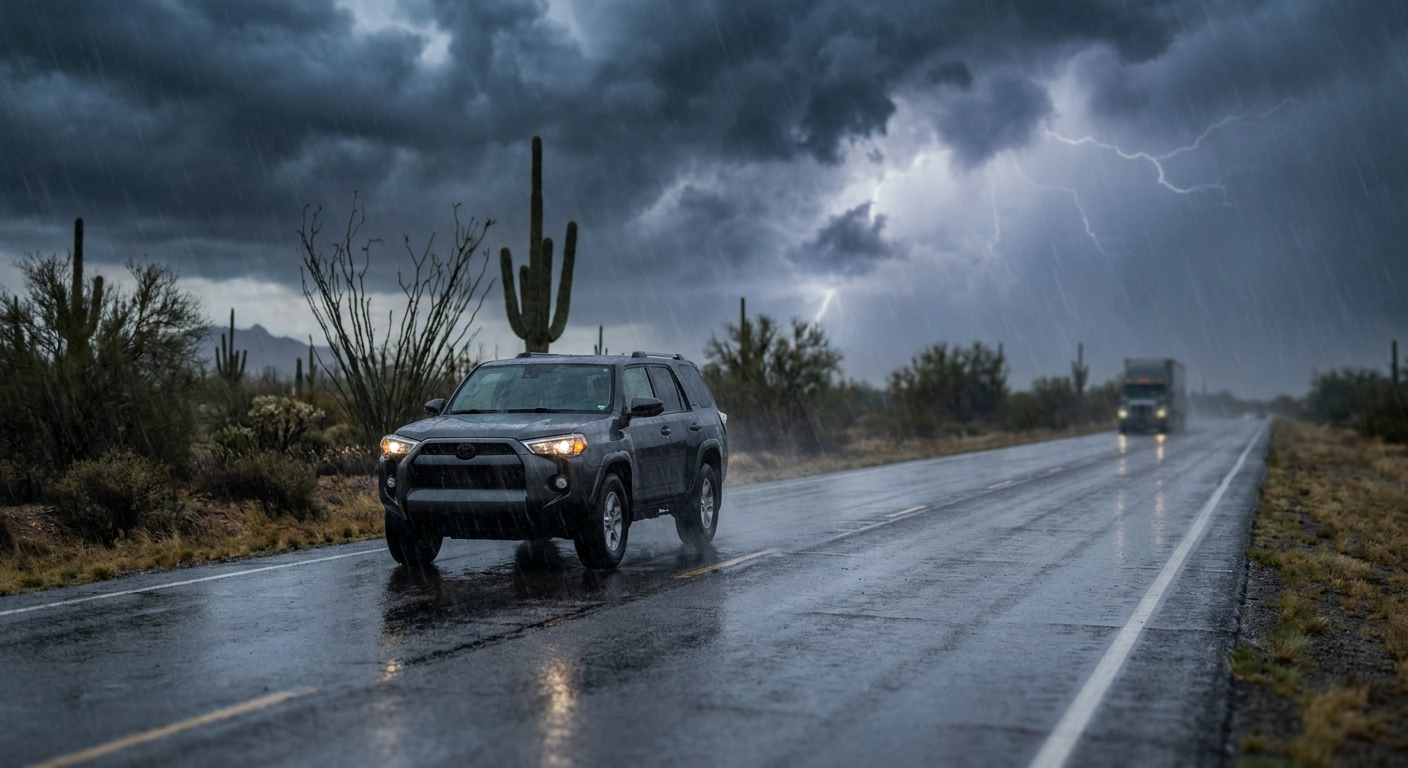 A vehicle on a desert highway in Arizona during a heavy monsoon rainstorm.