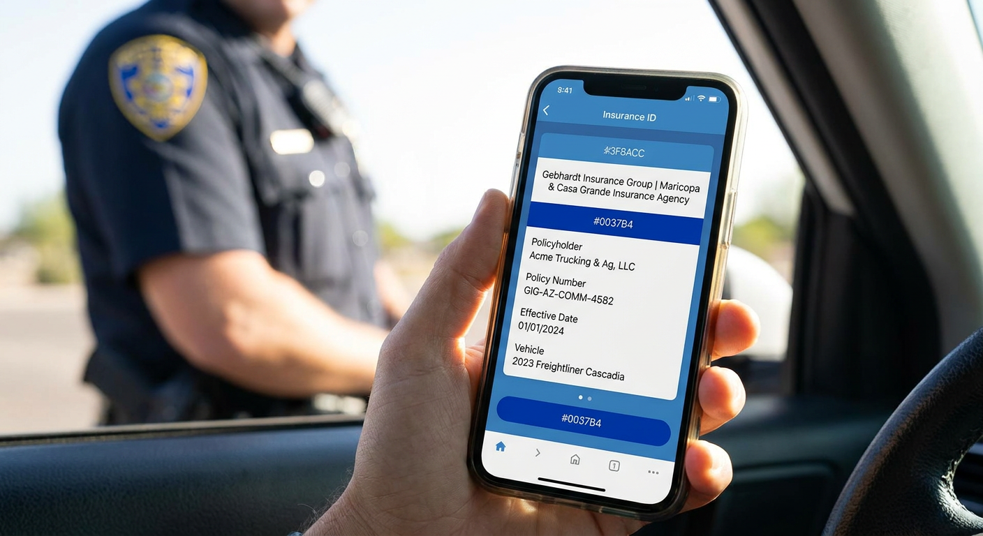 A driver showing a digital insurance card on a smartphone to a police officer.