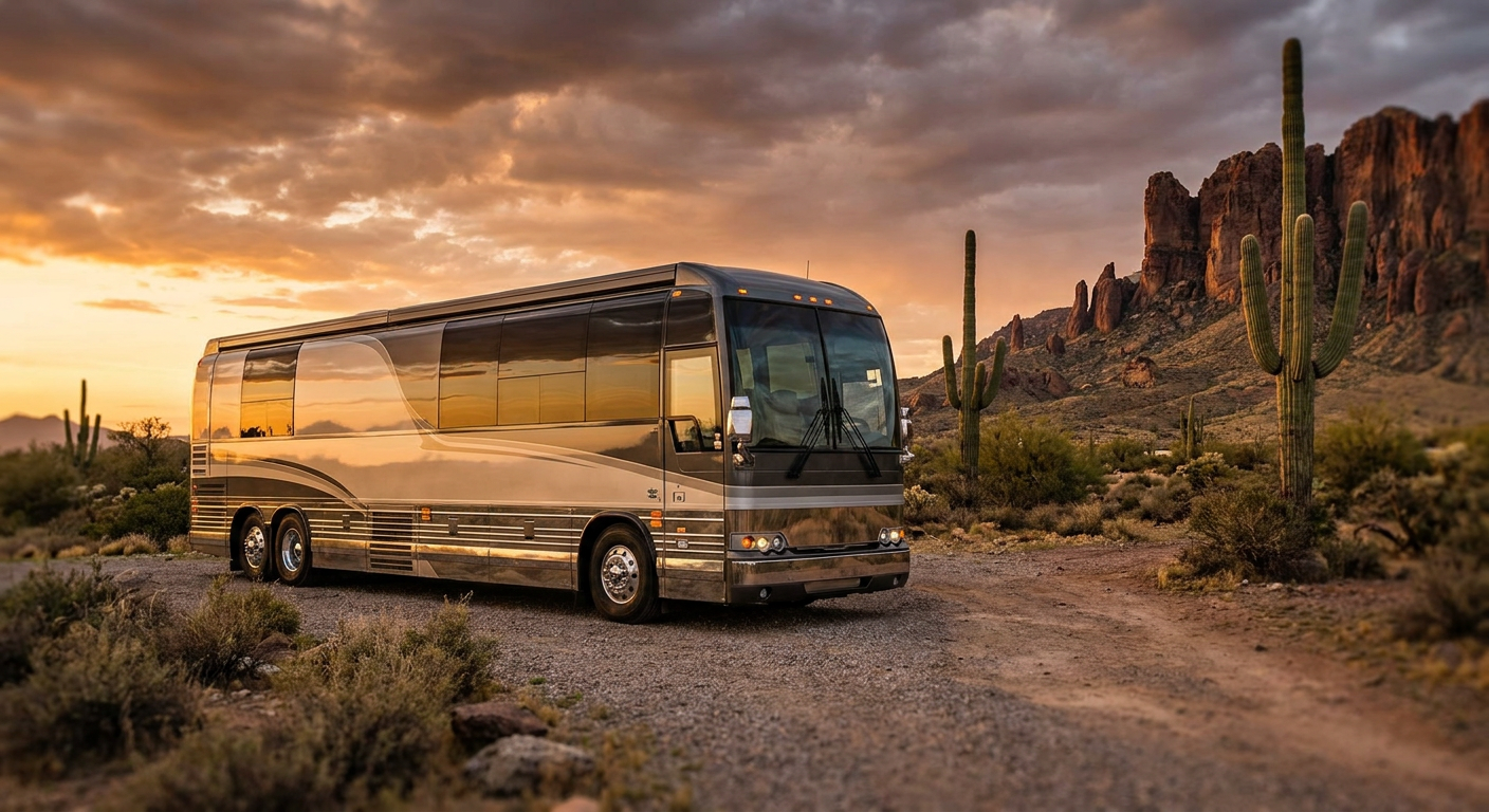 A Class A motorhome parked in a scenic Arizona desert landscape with the Superstition Mountains in the background