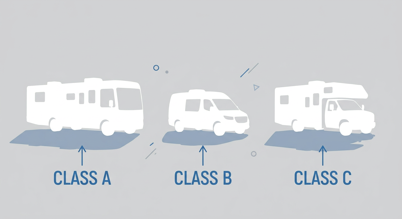 Flat vector illustration comparing Class A, B, and C motorhome silhouettes