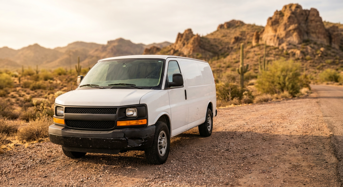 A white commercial delivery van with a minor front-end collision on a gravel roadside in Arizona.