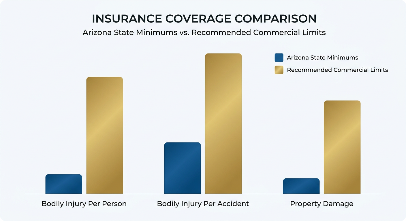 Infographic showing Arizona minimum liability requirements vs recommended commercial limits.