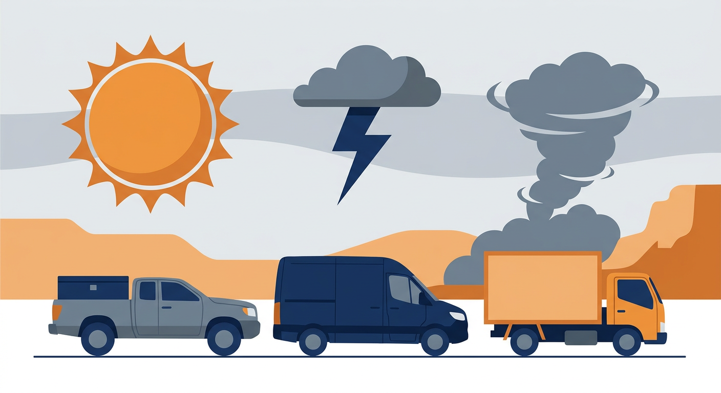 Flat vector illustration of a commercial fleet facing Arizona desert weather elements.