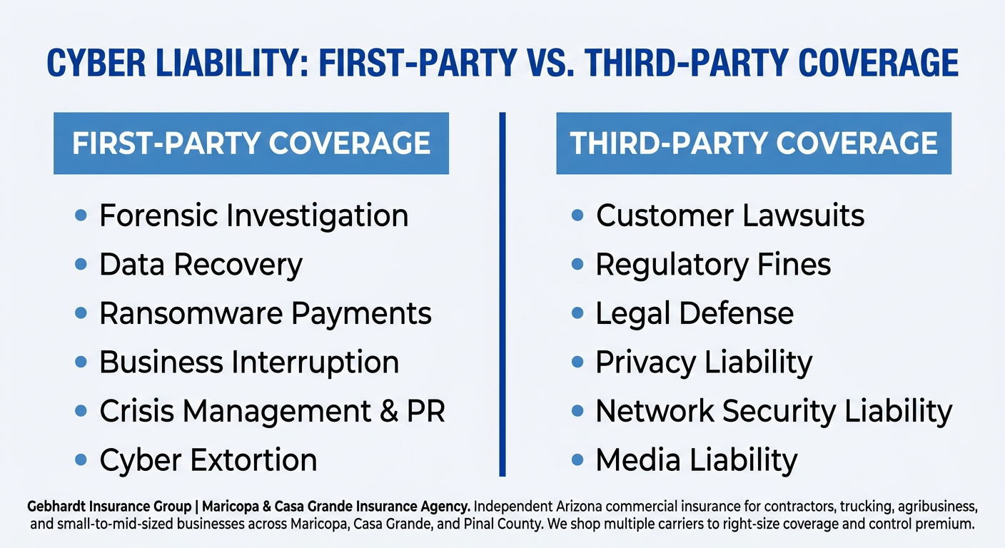 Comparison chart of First-Party vs Third-Party cyber insurance coverage components.