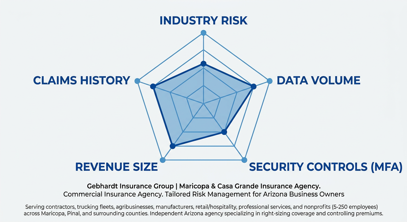 Diagram showing the 5 key factors affecting cyber insurance premiums in Arizona