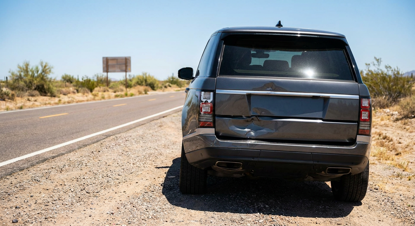 A modern SUV with rear-end damage on a bright Arizona road
