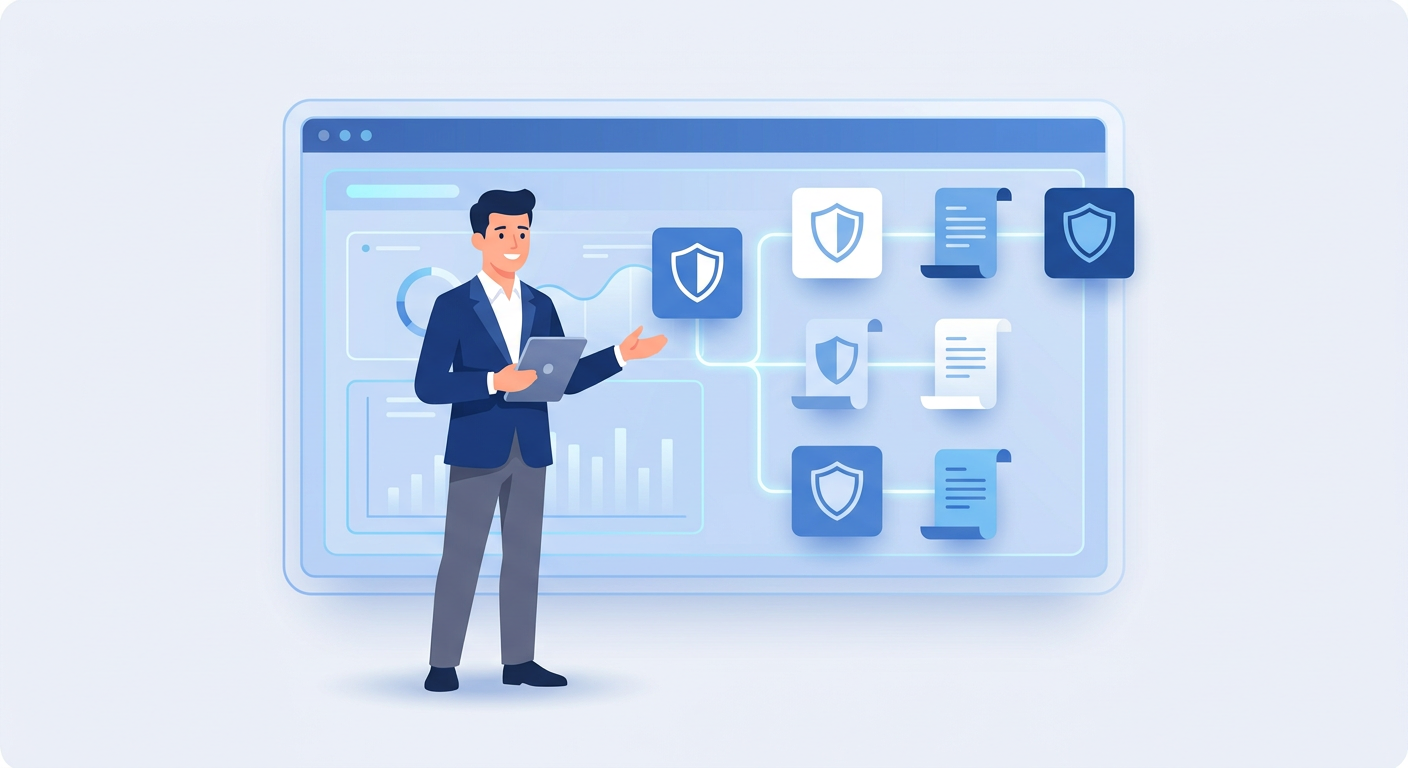 Flat vector illustration of an agent comparing multiple insurance options