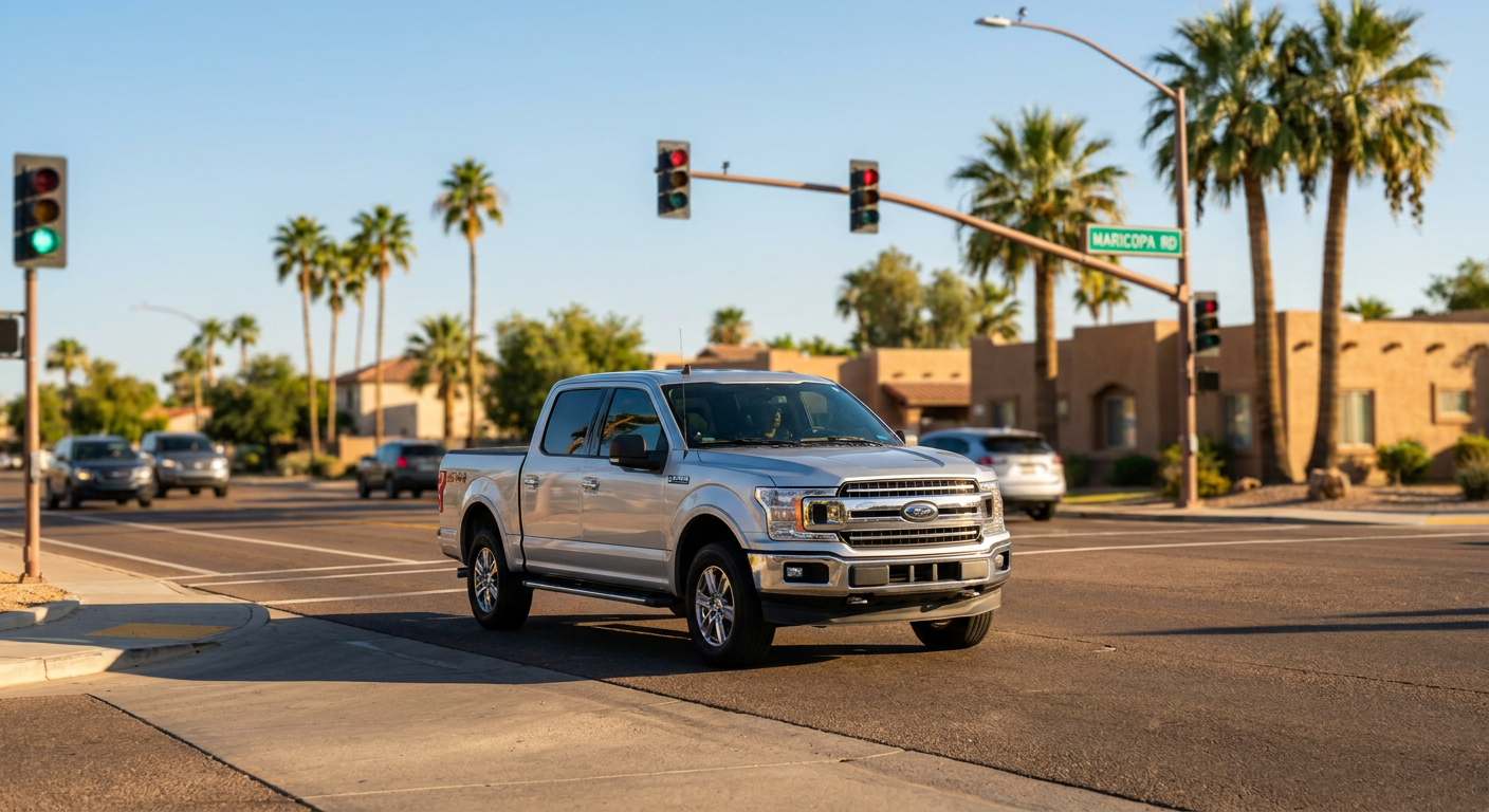 A modern pickup truck driving through a Maricopa intersection