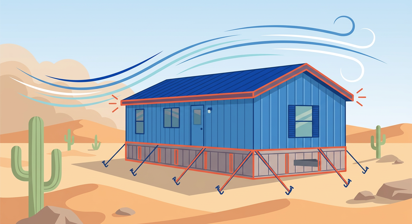 Diagram showing wind stress points on a mobile home during an Arizona monsoon.