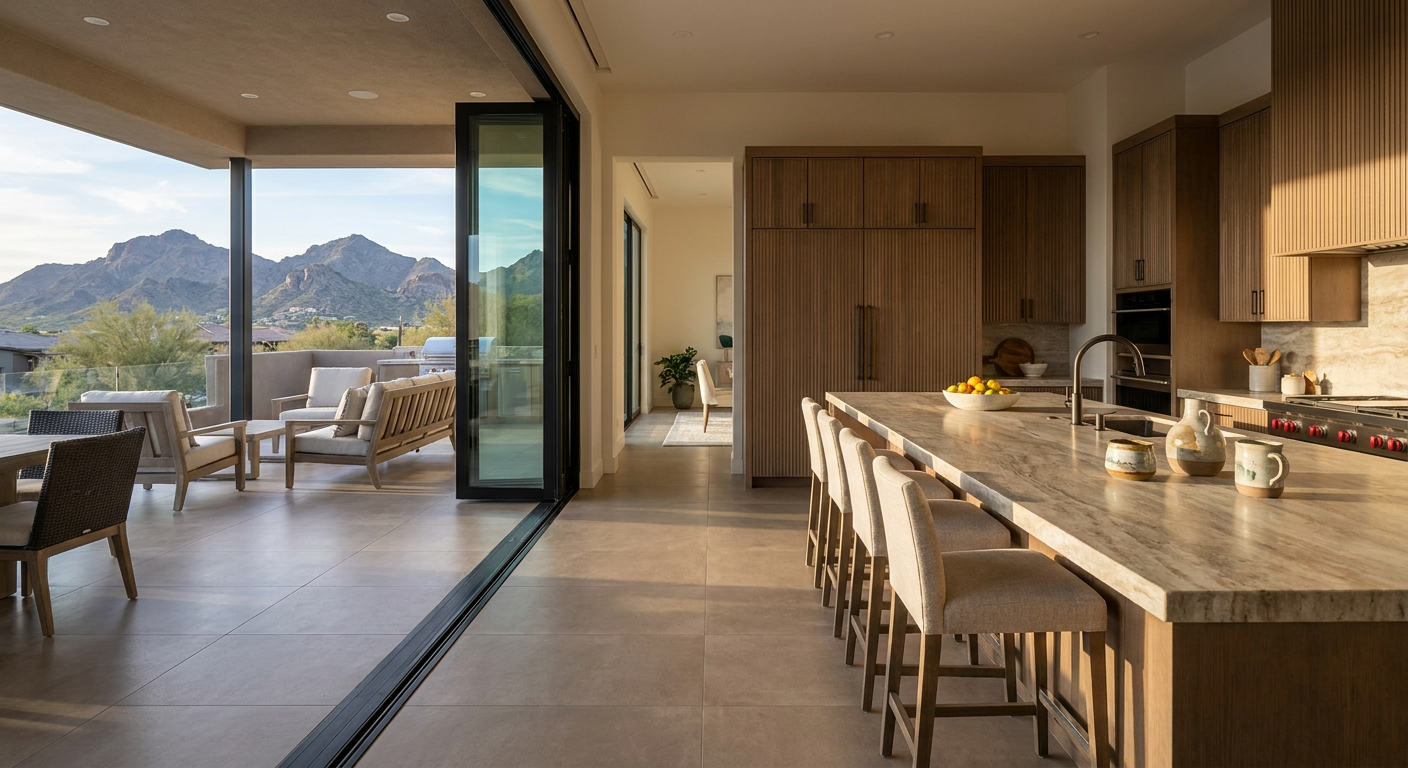 Luxury kitchen with floor-to-ceiling glass folding doors opening to a Scottsdale patio